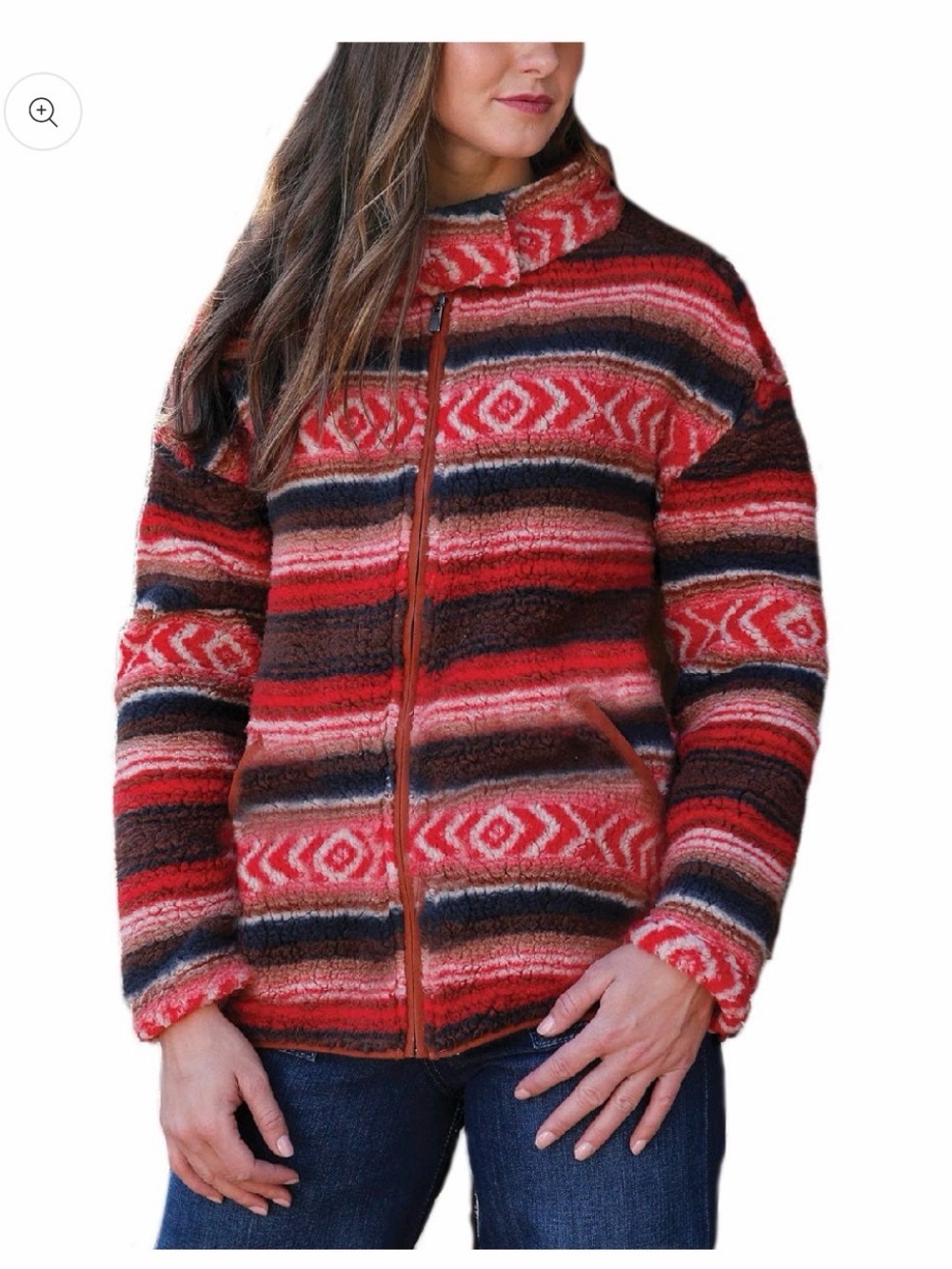 Cruel Girl Sherpa Jacket in Red & Brown - Cozy Zip Front